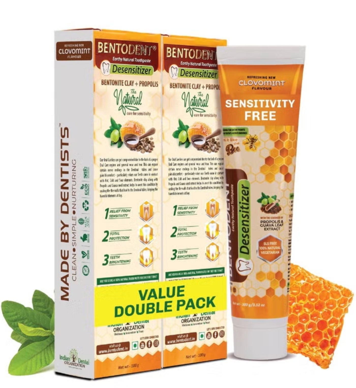 BENTODENT Natural Toothpaste Clovomint flavor 100g, helps to relief tooth pain, Desensitize, Pack of 2, Fluoride Free, Foam Free & SLS Free
